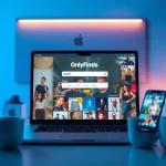 OnlyFans Search interface displayed on a laptop in a modern workspace, showcasing diverse creators.