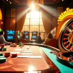 Exciting gameplay at Luckywin casino with vibrant poker chips and a spinning roulette wheel.
