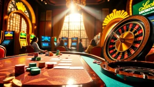Exciting gameplay at Luckywin casino with vibrant poker chips and a spinning roulette wheel.