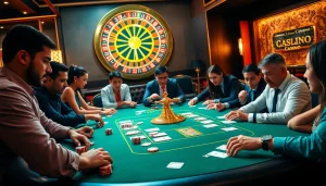 Players enjoy a vibrant casino experience at an xx88 kjc gaming table, filled with poker chips and cards.