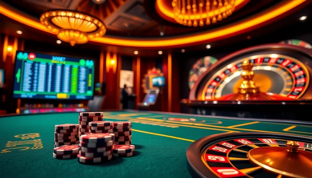 Sbobet betting scene with vibrant casino elements, showcasing digital odds and poker chips in action.