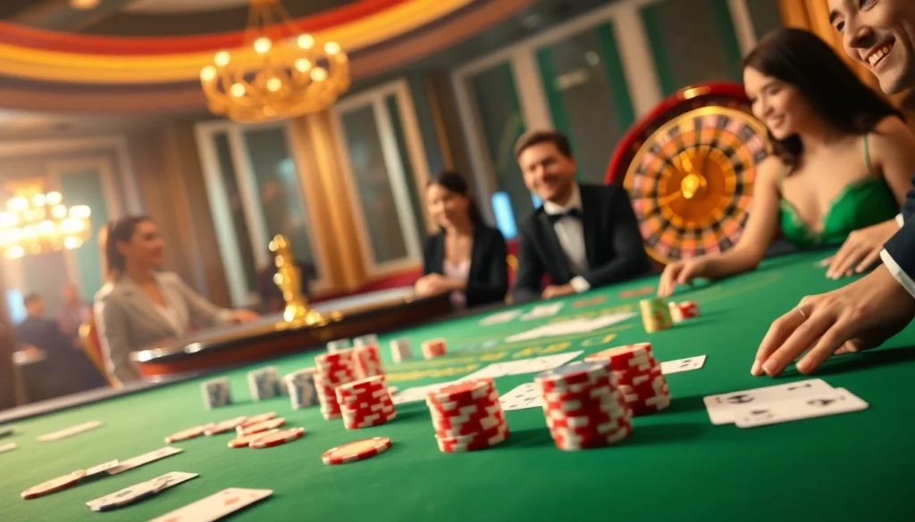 Excitement at a casino table featuring chips and cards, showcasing the online experience at https://go88.fast/.