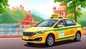 Haridwar Taxi Service showcasing a modern taxi in a scenic view with the Ganges River