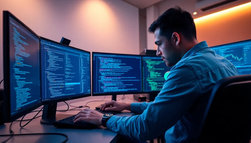 Software engineering workspace showcasing a developer coding with dynamic data visualizations on multiple screens.