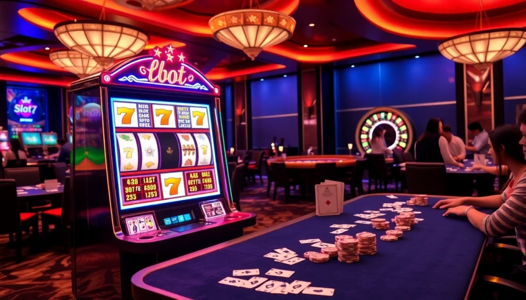 Experience slot777 at a vibrant casino with machines, cards, and thrilling excitement.