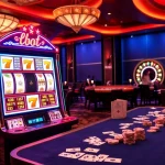 Experience slot777 at a vibrant casino with machines, cards, and thrilling excitement.