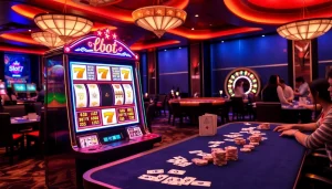 Experience slot777 at a vibrant casino with machines, cards, and thrilling excitement.