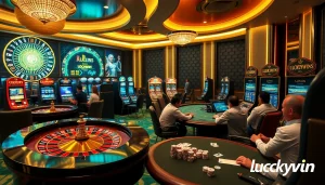 Engage with the thrilling atmosphere of Luckywin in a luxurious casino setting.