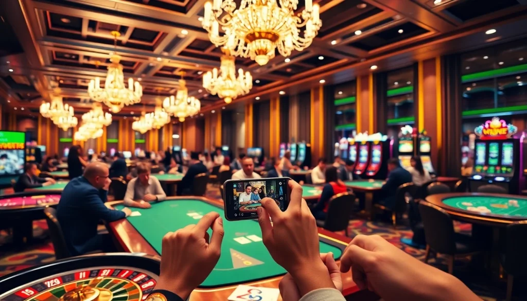 Người chơi đang sử dụng ứng dụng cg 79 trong một casino sống động, với đầy bàn cược và máy đánh bạc.
