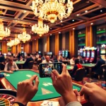 Người chơi đang sử dụng ứng dụng cg 79 trong một casino sống động, với đầy bàn cược và máy đánh bạc.