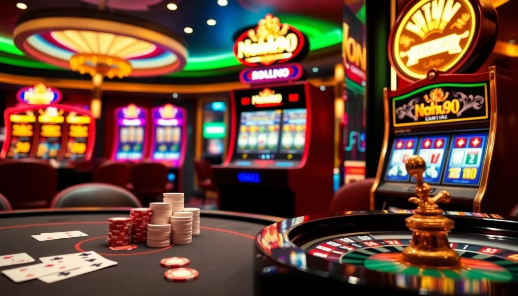 Nohu90 gaming scene showcasing online casino tables, poker chips, and vibrant slot machines for an exciting experience.