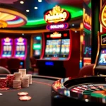 Nohu90 gaming scene showcasing online casino tables, poker chips, and vibrant slot machines for an exciting experience.