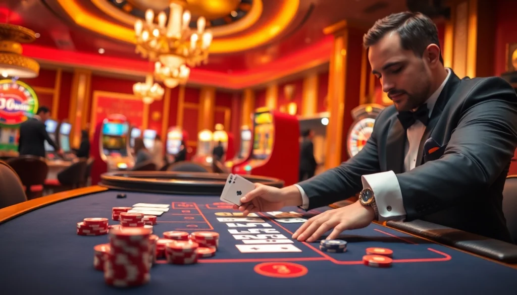 Players winning at a luxury 33win casino table filled with vibrant chips and cards.