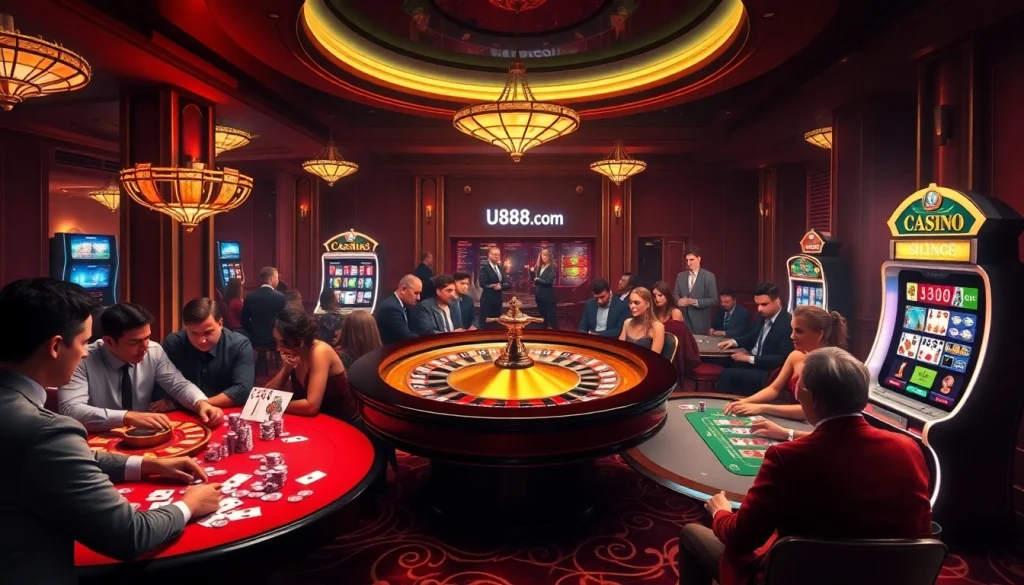 Engaged players enjoying high-stakes excitement at u888 com casino with roulette and poker tables.