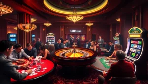 Engaged players enjoying high-stakes excitement at u888 com casino with roulette and poker tables.