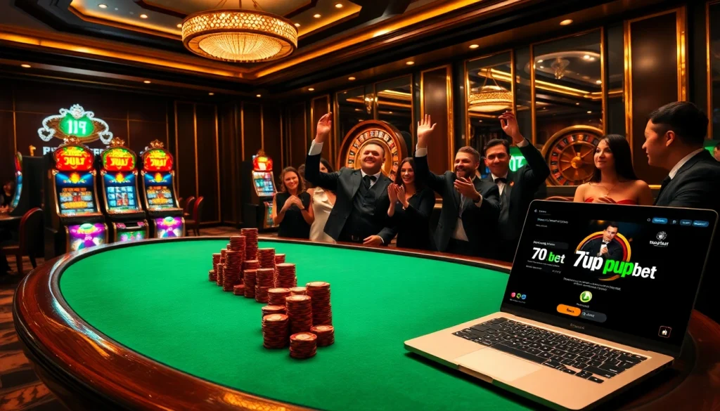 Experience 7upbet action at a glamorous casino, with poker tables and spinning roulette wheels.