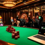Experience 7upbet action at a glamorous casino, with poker tables and spinning roulette wheels.
