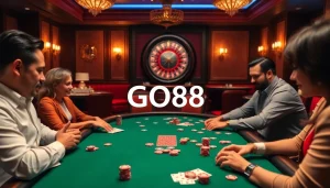 Experience intense poker action at GO88 with players and a roulette wheel in a vibrant casino.