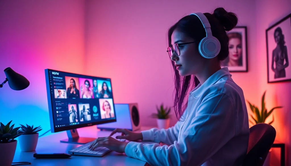 Engaging scene with a woman using nsfw ai image generator in a modern workspace.