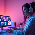 Engaging scene with a woman using nsfw ai image generator in a modern workspace.