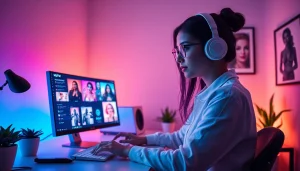 Engaging scene with a woman using nsfw ai image generator in a modern workspace.