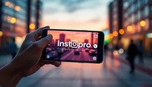 Explore advanced features of the Instapro APK on a modern smartphone displayed against a vibrant city backdrop.
