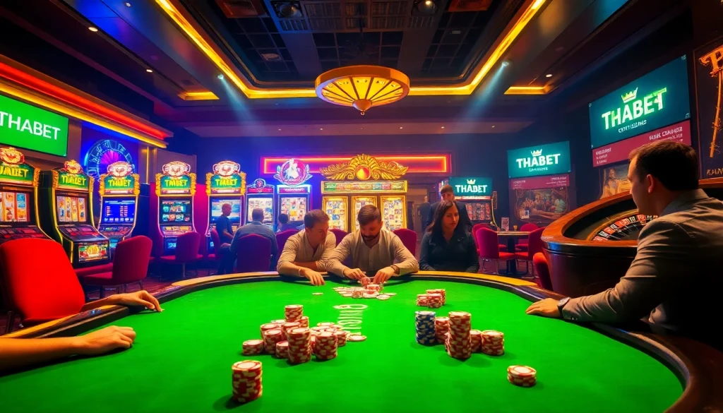 Engage in thrilling gameplay with THABET at a vibrant casino, featuring a poker table and slot machines.