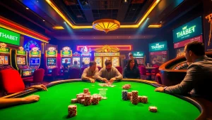 Engage in thrilling gameplay with THABET at a vibrant casino, featuring a poker table and slot machines.