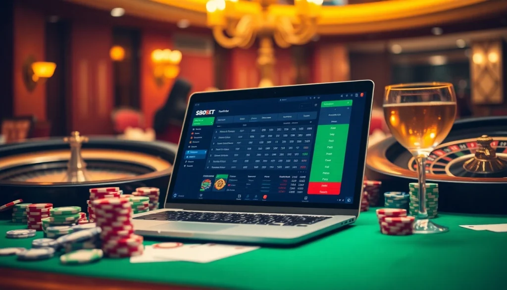 Betting with SBOBET on a luxurious online casino interface surrounded by poker chips and playing cards.
