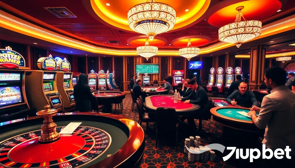 7upbet gaming scene featuring casino tables and engaged players in a luxurious environment