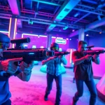 Engaged players enjoying a thrilling laser tag experience in a neon-lit arena.