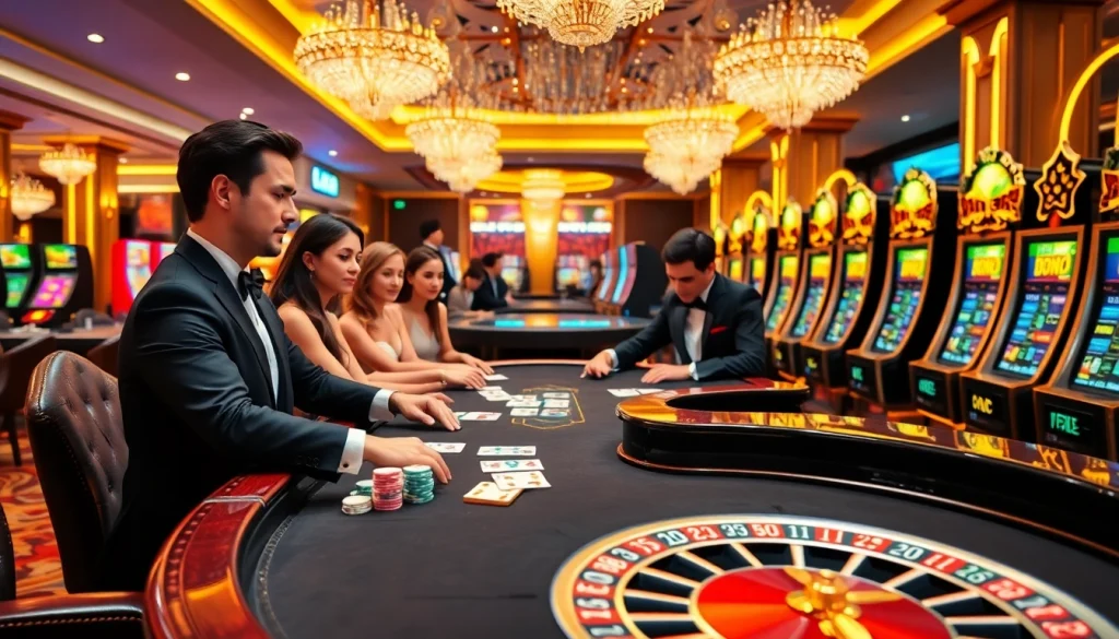 Exciting gaming at xin88 com sòng bạc with players at a poker table and vibrant slot machines.