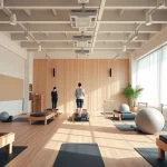 台東区のモダンなスタジオでの魅力的なピラティスセッション。落ち着いた雰囲気とトレーニング機器を紹介。