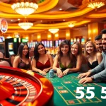 Players enjoy thrilling casino games at 555win, featuring roulette wheels and vibrant slot machines.