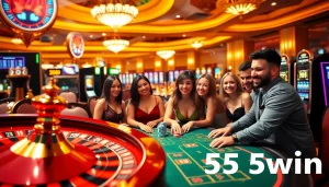 Players enjoy thrilling casino games at 555win, featuring roulette wheels and vibrant slot machines.
