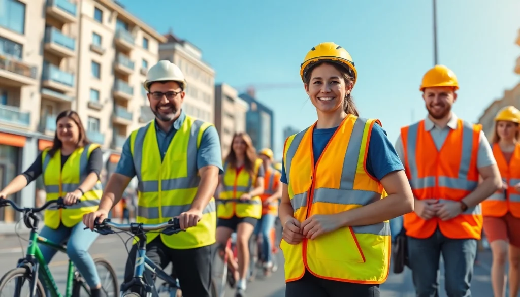 Šviesą atspindinčios liemenės rodomos įvairiems asmenims saugios miesto aplinkoje, skatinančios matomumą ir bendruomenės informuotumą.