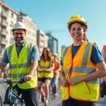 Šviesą atspindinčios liemenės rodomos įvairiems asmenims saugios miesto aplinkoje, skatinančios matomumą ir bendruomenės informuotumą.