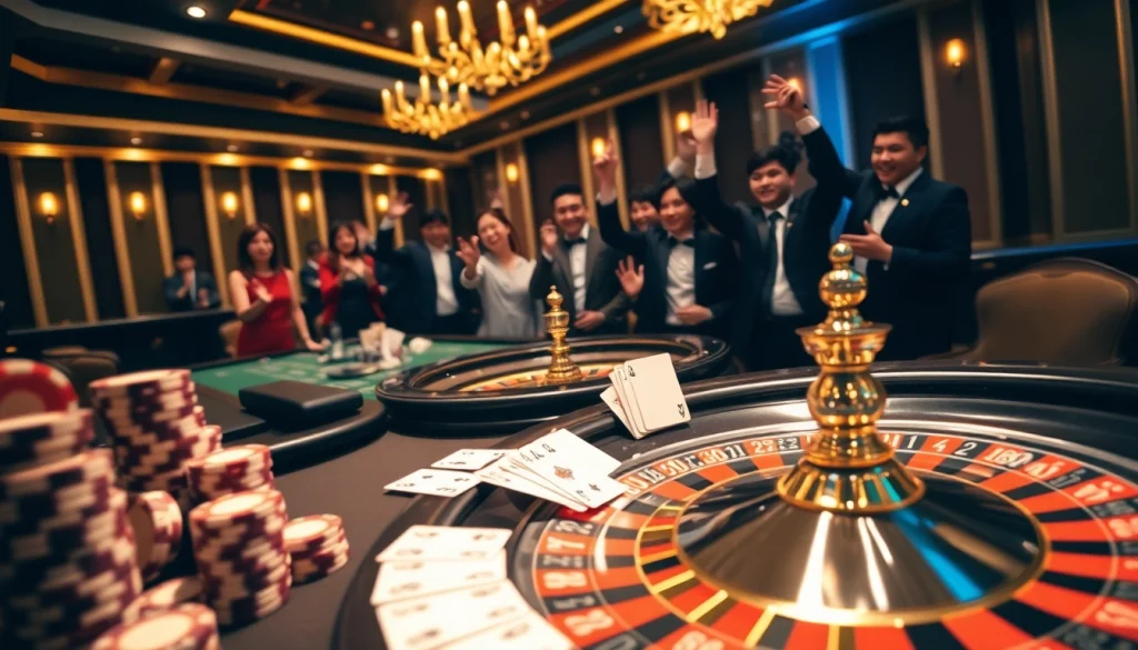 Players enjoy an exciting game at the GO99 casino table, surrounded by colorful poker chips and cards.