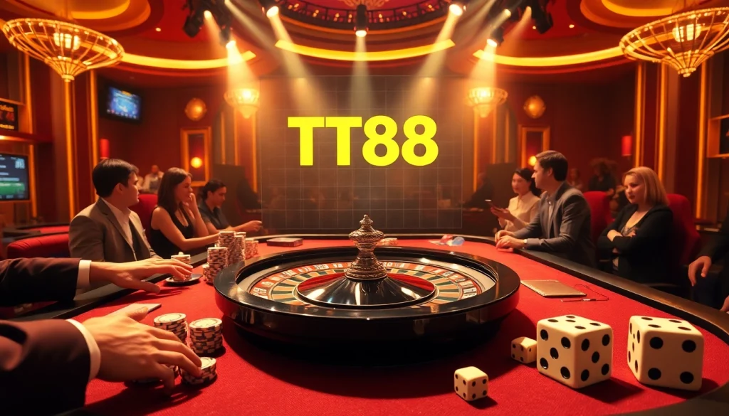 Engaging casino scene highlighting TT88 gameplay with vibrant roulette, chips, and players.