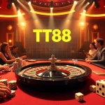Engaging casino scene highlighting TT88 gameplay with vibrant roulette, chips, and players.