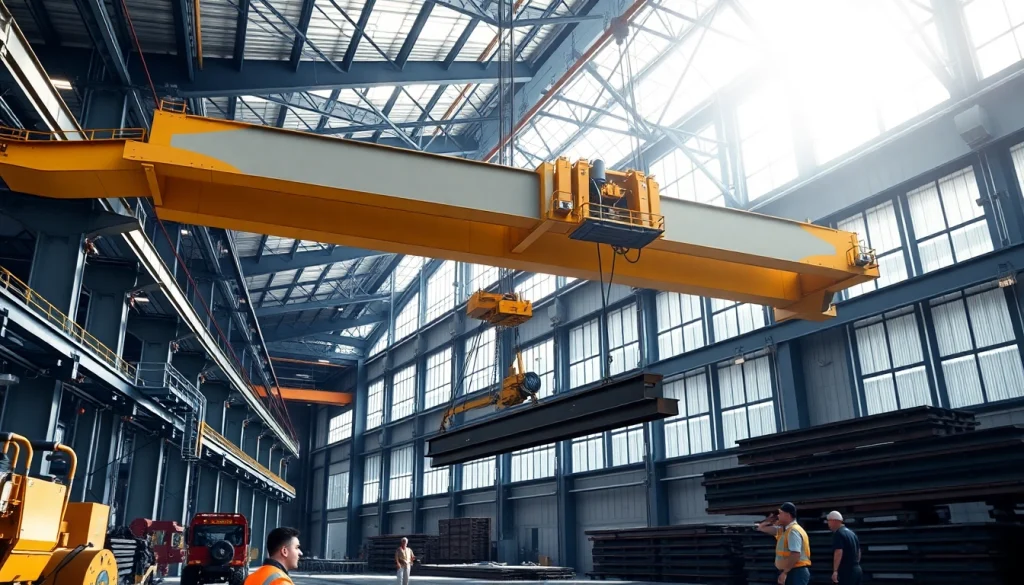 Double girder bridge crane lifting heavy steel beams in industrial warehouse