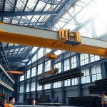 Double girder bridge crane lifting heavy steel beams in industrial warehouse
