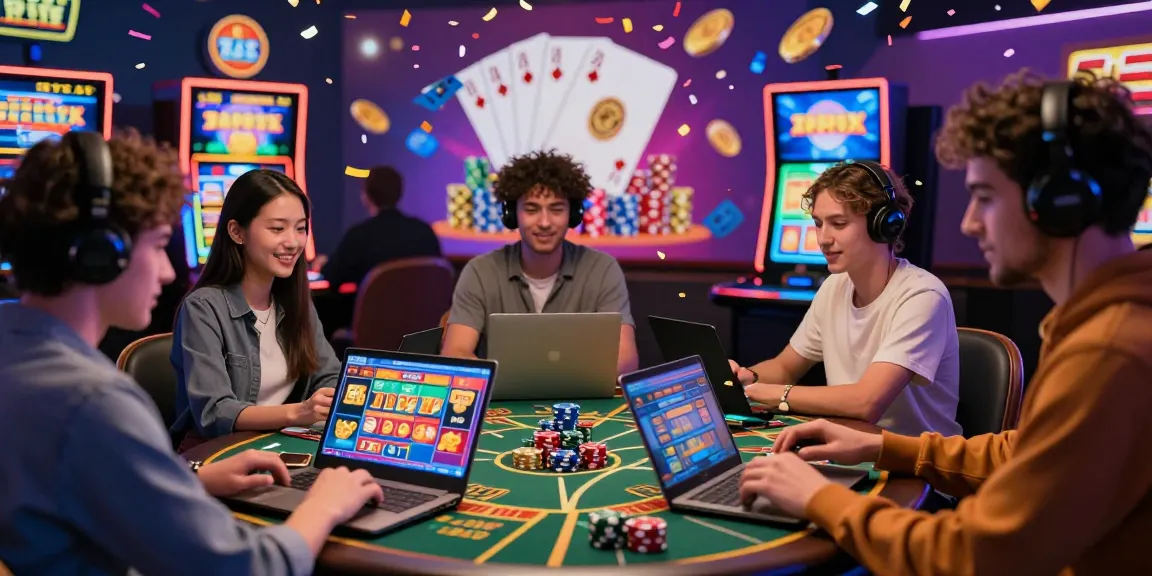 Players engaging in credit card casinos online, enjoying various games with vibrant graphics and virtual chips around them.