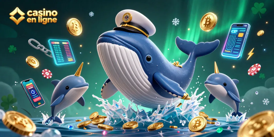 Jouer sur un casino en ligne féerique avec une baleine en capitaine et un compagnon narval au milieu de pièces d'or.