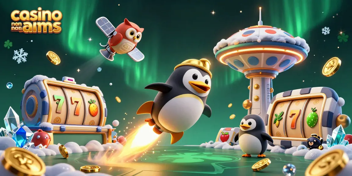 Illustrazione di un casinò non AAMS con un pinguino d'oro e simboli di gioco entusiasmanti nello spazio.