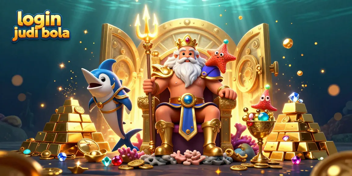Engage with login judi bola through a dynamic illustration featuring Neptune and treasures of the sea.