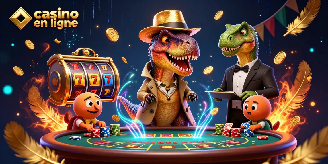 Profitez des jeux captivants au casino en ligne avec un velociraptor et un croupier à une table de blackjack.
