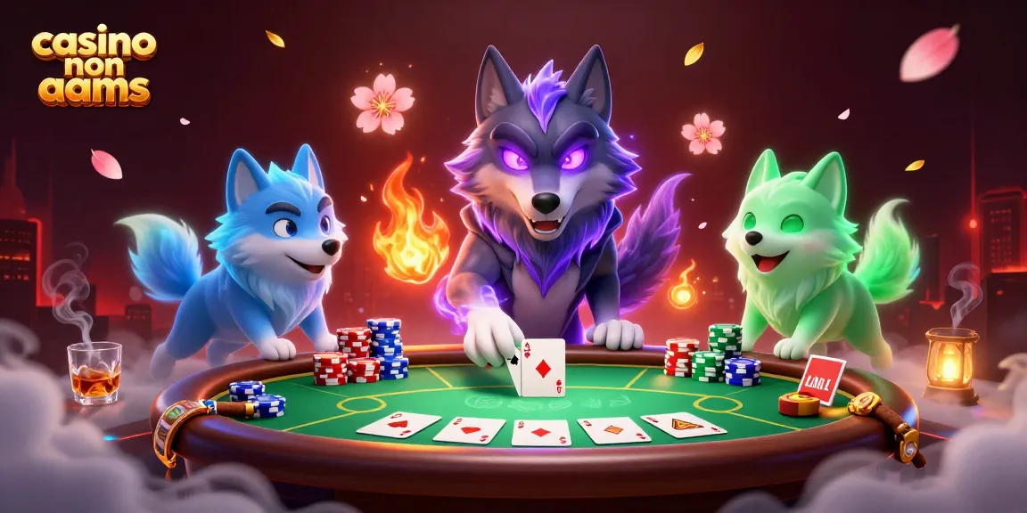 Immagine dinamica di casino non AAMS con lupo etereo, tavolo da poker e fumi di sigaro.