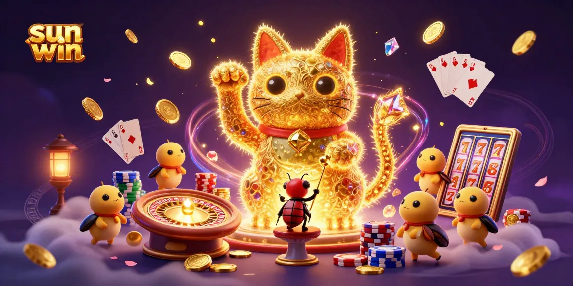 Experience dynamic gameplay with sun-win, featuring a lucky cat and casino symbols in a vibrant scene.