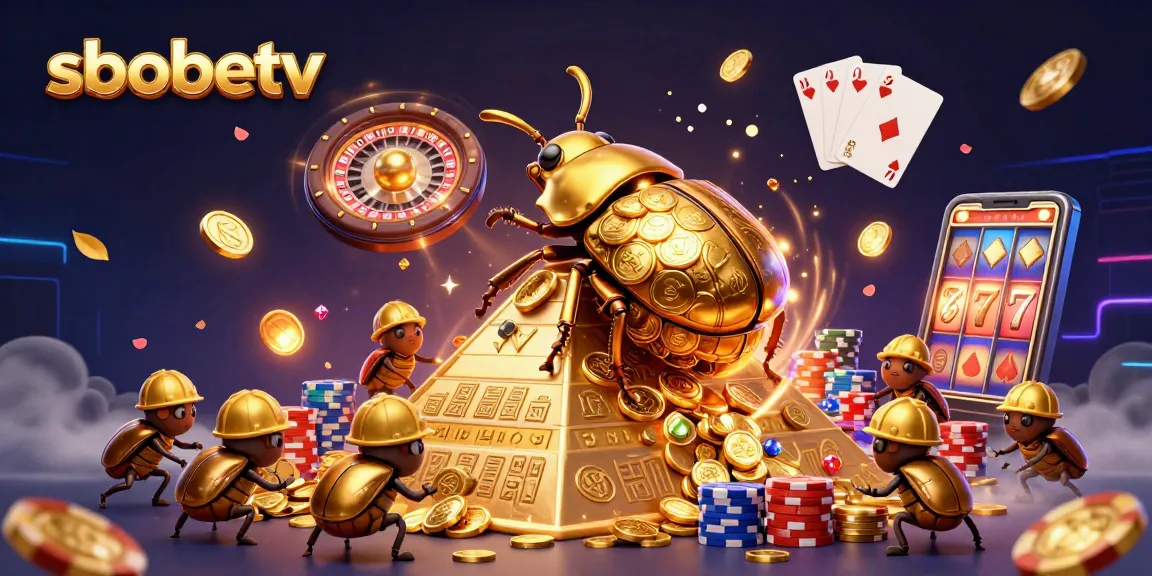 Experience sbobetv with a massive golden dung beetle amidst dynamic casino illustrations of coins and roulette.